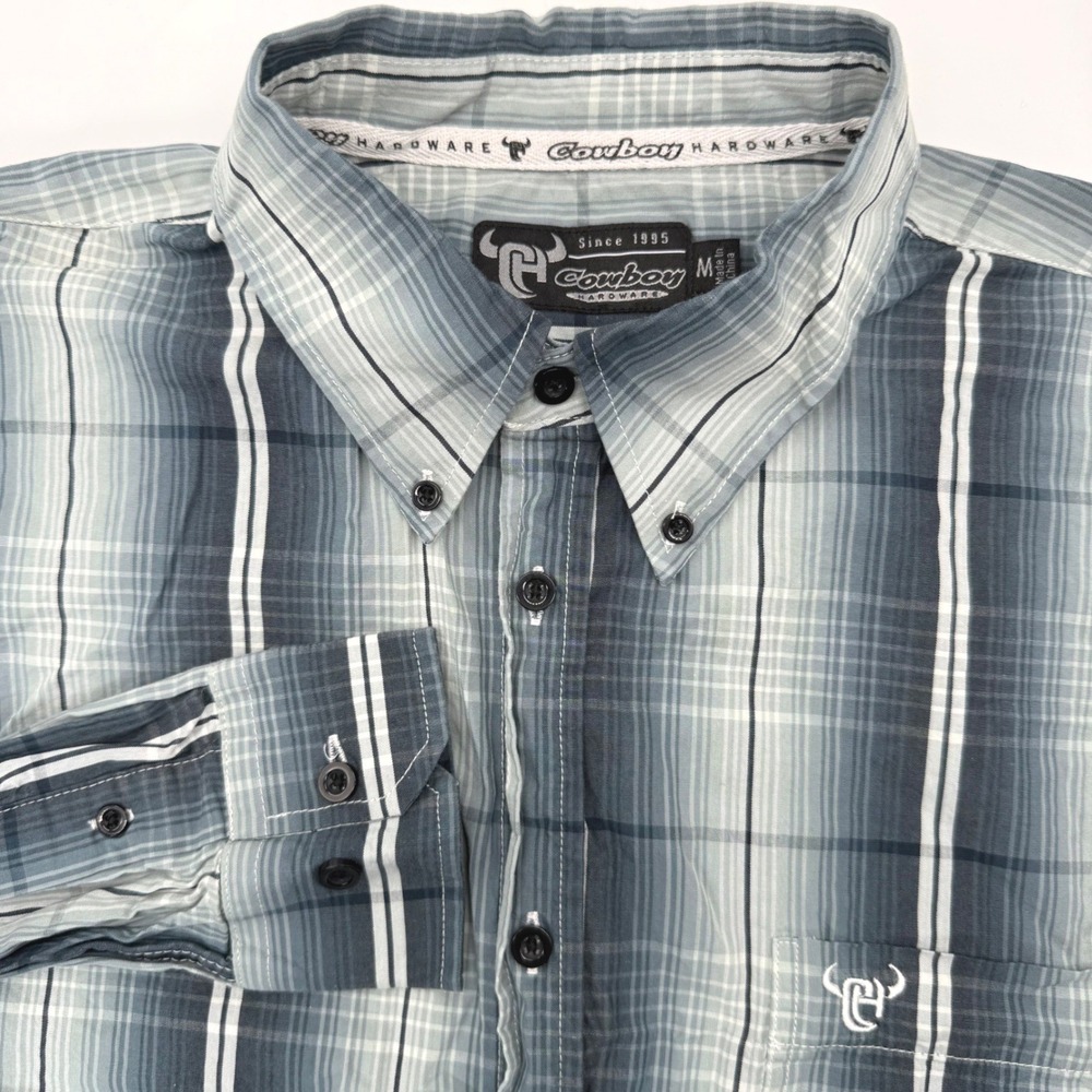 Cowboy Hardware Button Down Men Medium Blue‎ Plaid Barbed Wire Western Shirt